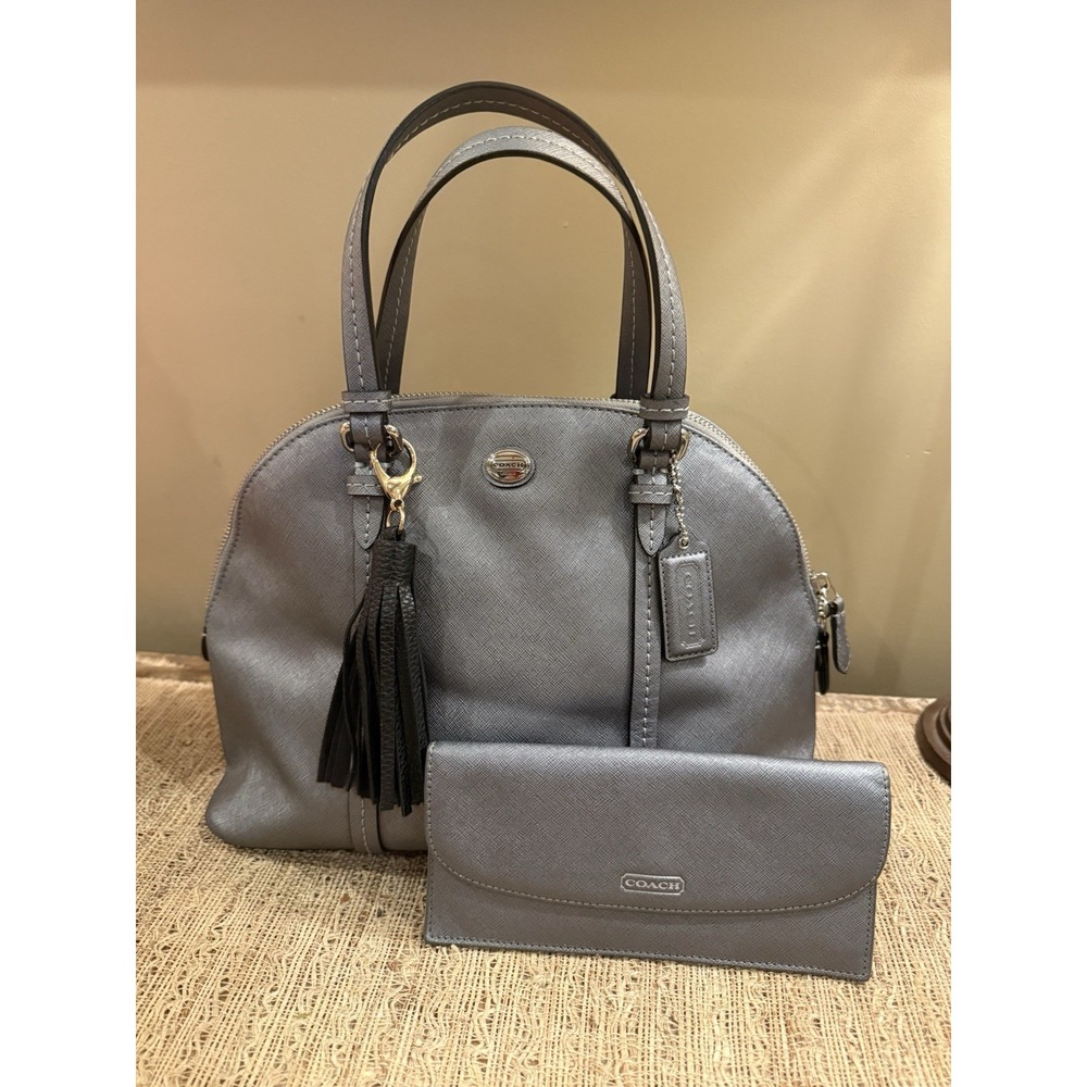 Coach Peyton Leather Dome Leather Satchel in Anthracite silver‎ & Wallet F25761